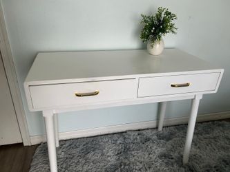 White Mid-Century Modern Desk with Gold Handles