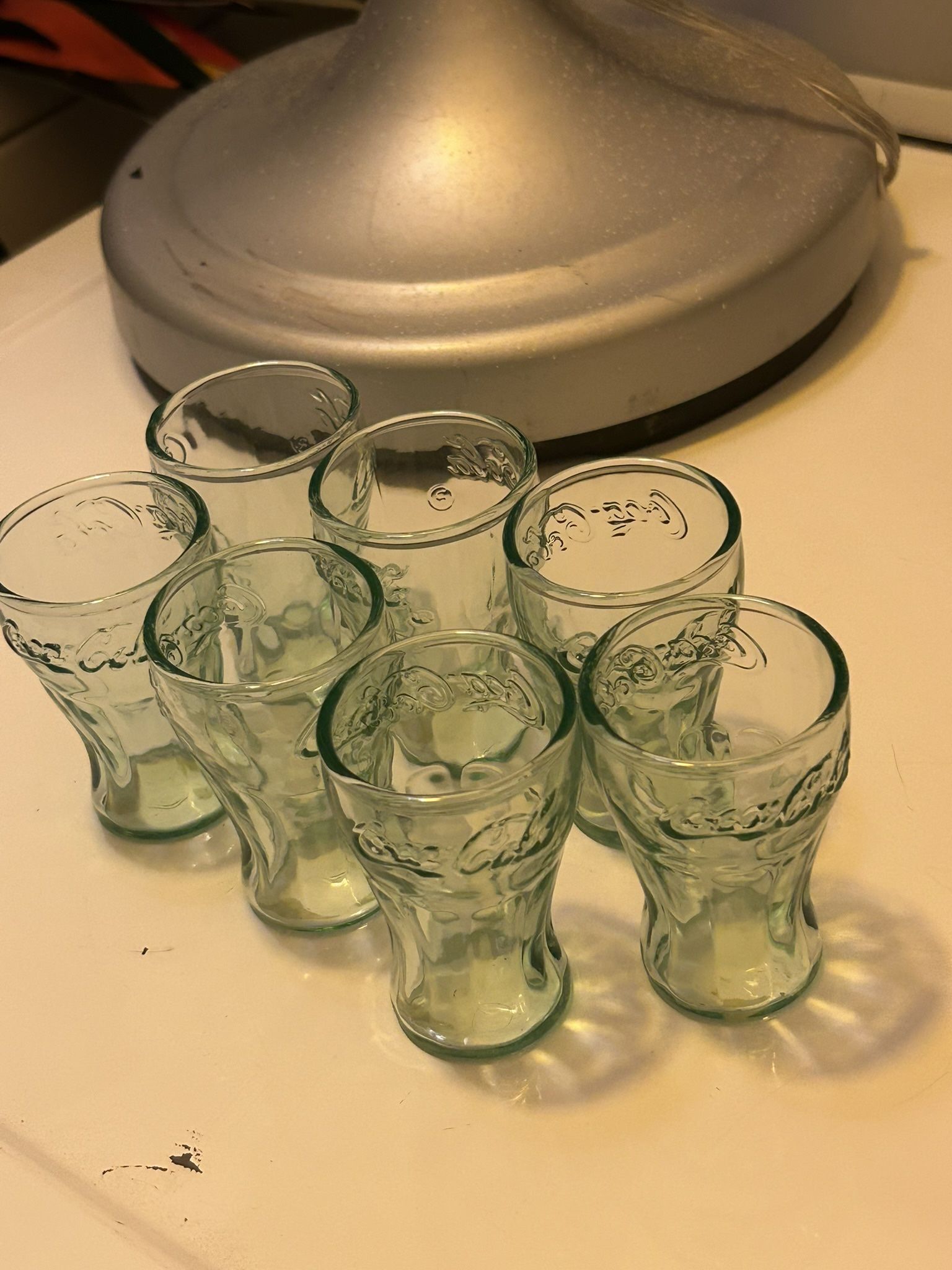 7 vintage mini green Coca Cola shot juice glasses
