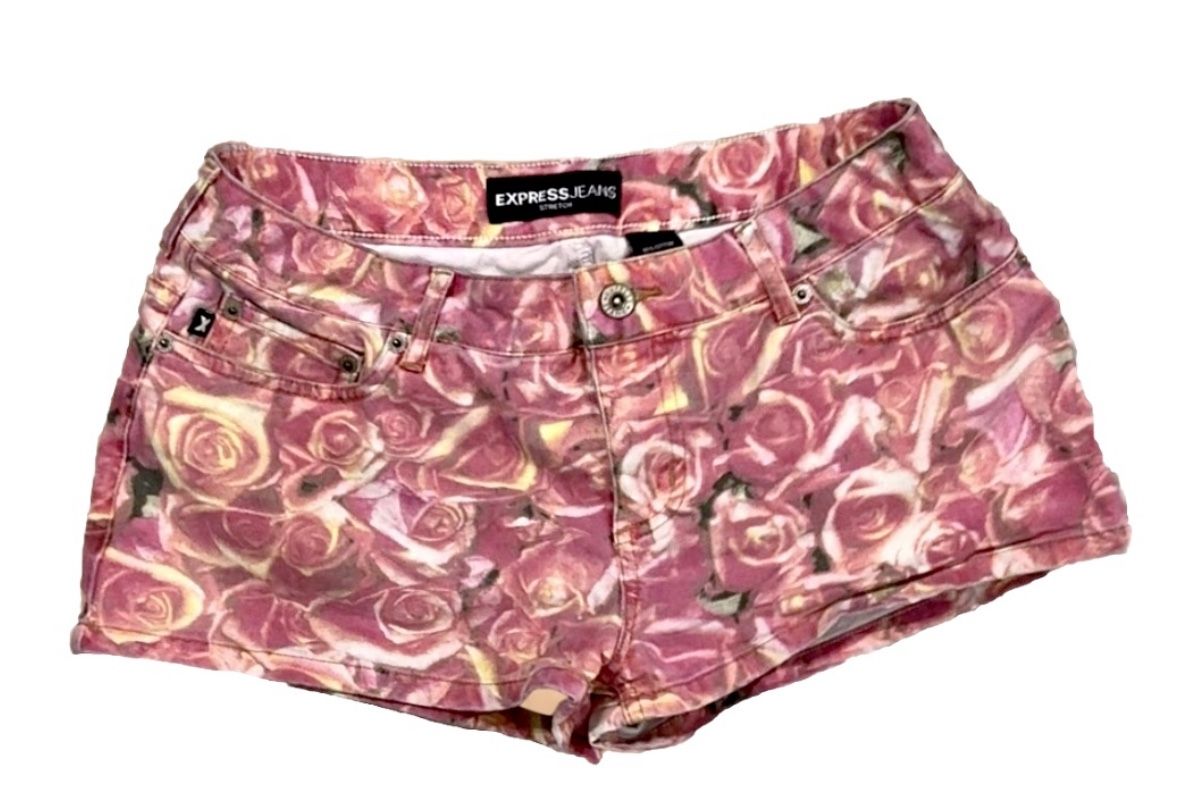 Express Jeans Denim Shorts Floral Pink Red Size 7/8 Women’s Short Flower Roses