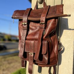 Beautiful Vintage Brown Leather Roll Top Backpack Lined Inside