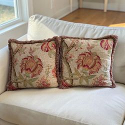 Set of 2 Rose Tree Jacobean Fringed Throw Accent Pillows Decorative 18x18
