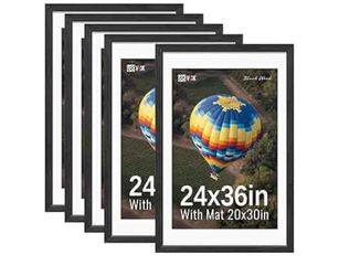 VCK 24x36 Picture Frames Black Set of 5, Wide Border Wood, Display 20x30 Photo with Mat or 24 x 36 without, for Home, Office, Gallery, Woodgrain Serie