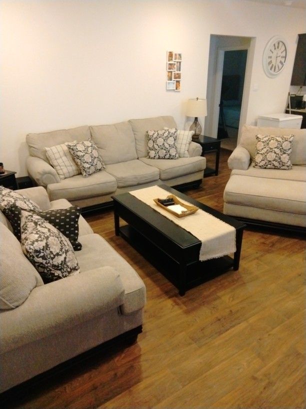 Three Set Living Room Couches, Ottoman End Tables And Lamps Included