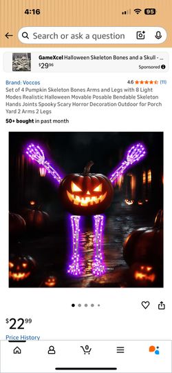 Set of 4 Pumpkin Skeleton Bones Arms and Legs with 8 Light Modes Realistic Halloween Movable Posable Bendable Skeleton