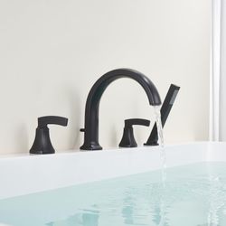 Roman Tub Faucet Deck Mount Tub Filler Black Waterfall Bathtub Faucets 4 Hole Brass Bathroom Faucets with Hand Shower