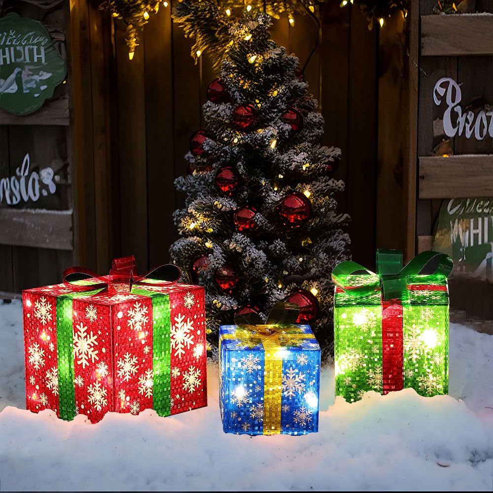 3 -Pack 9-in Freestanding Gift box Yard decoration with White LED Lights Hd1791