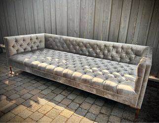 Gray Velvet Tufted Sofa with Rose Gold Legs
