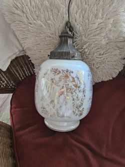 60s French Provencial Gold Rose Floral Hanging Swag Lamp On Chain