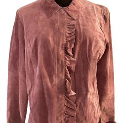 Margaret Godfrey Women’s Pink Ruffle Suede Leather Long Sleeve Blouse Jacket Size 12 NWOT