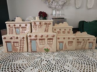 Adobe Village Southwestern Pueblo Canister and Cookie Jar Ceramic Set.