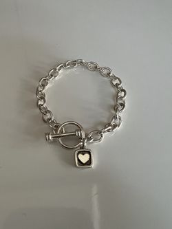 Chunky sterling silver link bracelet , classic Tibetan toggle clasp, heart-accented charm
