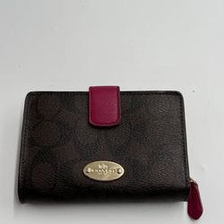 Coach Medium Signature Corner Zip Wallet Dark Brown And Pink Leather Snap Closure
