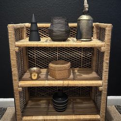 Vintage 60s 70s Shelf Boho Farmhouse Urban Style MCM Wicker Peacock Bookcase 