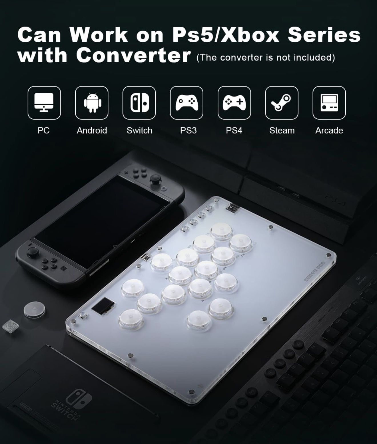 Leverless Controller Arcade Stick CosmoxGaming T16-C: Leverless Arcade Stick with Turbo,Leverless Controller for PC/PS3/PS4/Switch Game,Crystal Low-Pr