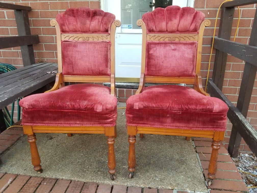 Antique Victorian Red Velvet Chair Pair