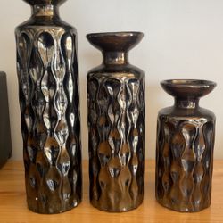 Set Of 3 Black Ceramic Candle Holder