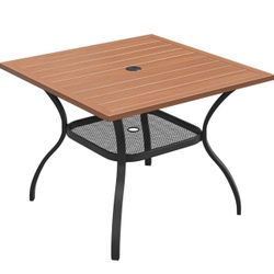 VICLLAX Patio Dining Table for 4 Square Metal Outdoor Table with Umbrella Hole and Storage Shelf for Garden Lawn Balcony Deck, Walnut