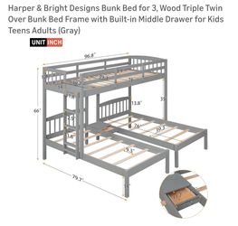 Harper & Bright Designs Bunk Bed for 3, Wood Triple Twin Over Bunk Bed Frame with Built-in Middle Drawer for Kids Teens Adults (Gray)