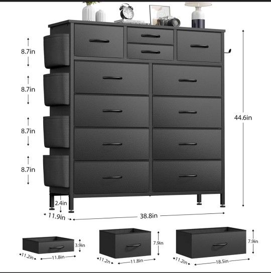Brand New Stil In Box 12 Drawer Dresser for Bedroom with Side Pockets & Hooks, Wide Chest of Drawers with Fabric Bins & Metal Frame, Storage Organizer