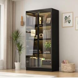 Black Wood Display Cabinet With Tempered Glass Doors and 3-Color LED Lights(KF020275US-01ZX-001)