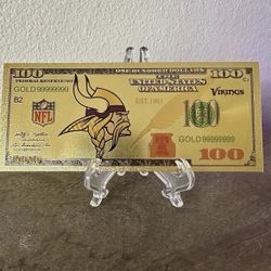 24k Gold Foil Plated Minnesota Vikings Football Team Banknote 