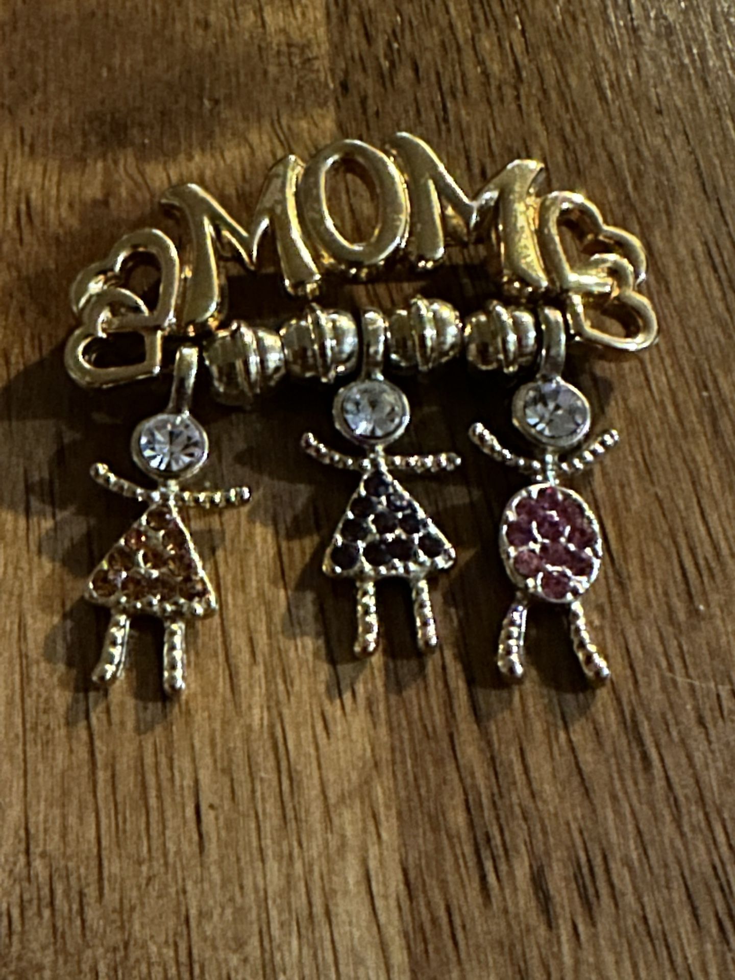 Gold tone crystals MOM dangling charms brooch