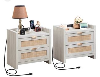 SICOTAS Rattan Nightstands Set of 2 Bedside Table - Bedroom Night Stand with Type-C Charging Station