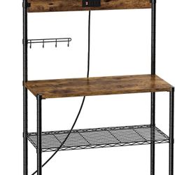 🔥 SUPERJARE Bakers Rack Power Outlets - Height Adjustable Microwave Stand, 4-tier Kitchen Storage Rack 10 S-shaped Hooks 360° Hanging Strip Brown🔥