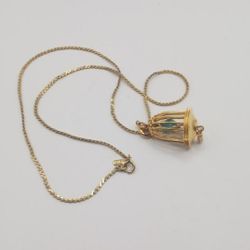 MONET Blue Bird Cage Charm Pendant Articulated Moving Swinging Gold Tone Enamel
