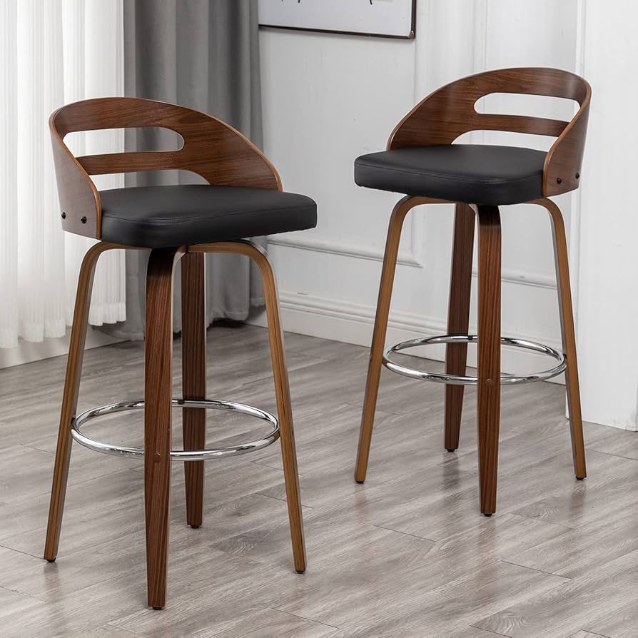 Bar Stools Set of 2, Swivel Bar Height Stools with Walnut Bentwood, Low Back, Upholstered Faux Leather, Soft Cushion Seat, Mid Century Bar Stools for