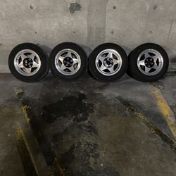 14” ARE wheels 5 by 112 lug bolt pattern with tires low tread