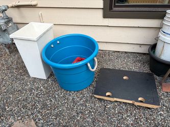 Bin with crack, Bird Feeders, Dolly 3 wheels, Raspberry Plant, Garbage Bin ALL FREE