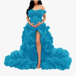 Maternity Photoshoot Ruffles V Neck Illusion Bridal Lingerie Bathgown Baby Shower Dress