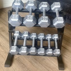 In NEW Condition Set Of Cast Iron Hex Dumbbells 8s, 10s, 15s 20s  And  25s. Total: 156 lbs [ RACK NOT INCLUDED]