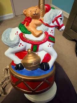 NEW Vintage Musical Box Ceramic Teddy Bear on Carousel Horse