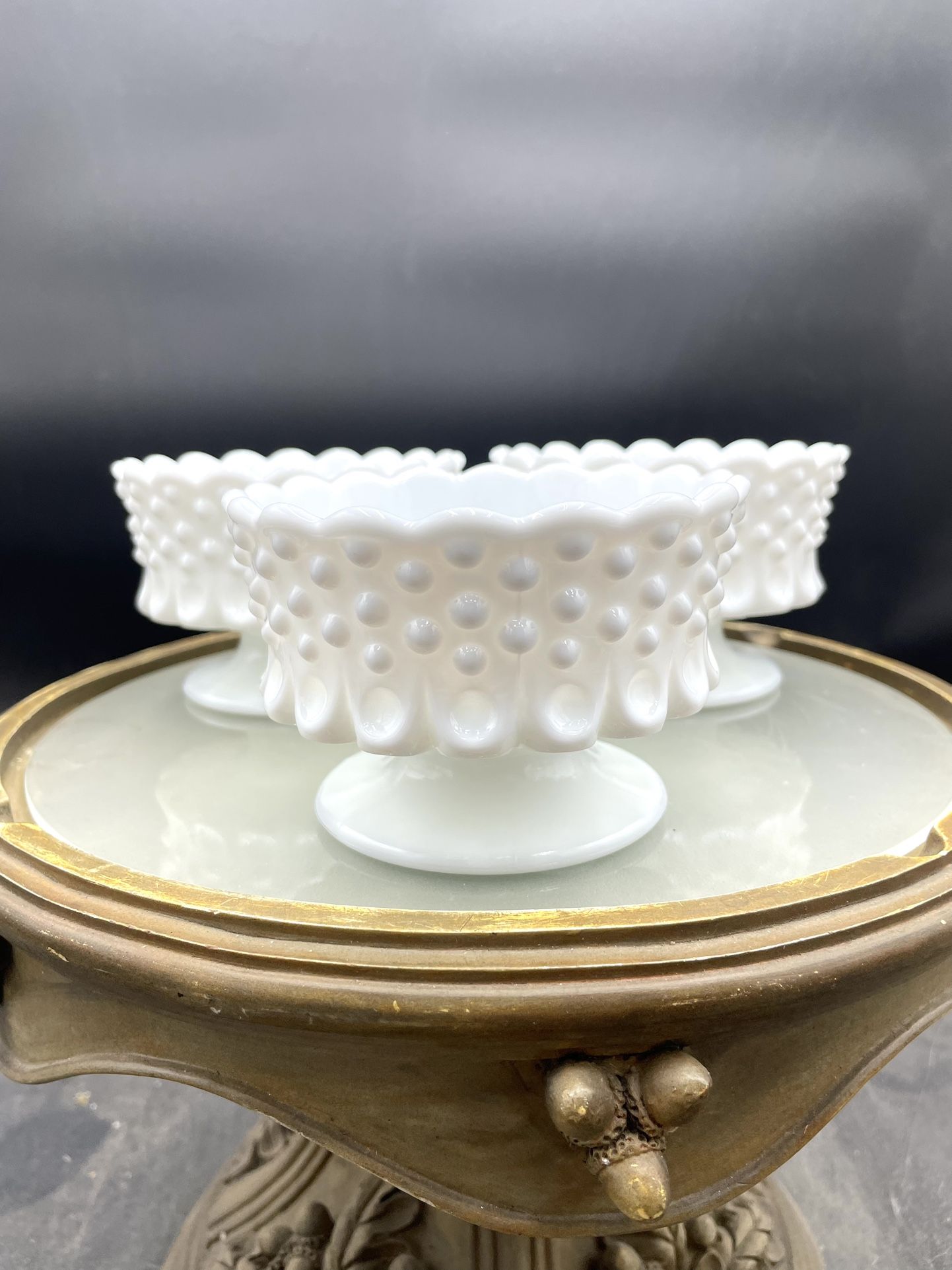 Vintage Lot Of 3 Fenton Milk Glass Hobnail Footed Candle Holders 4” VG