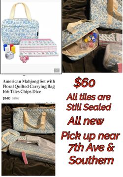 American Mahjong Set with Floral Quilted Carrying Bag 166 Tiles Chips Dice