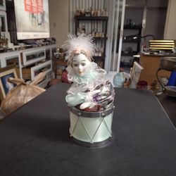 Porcelain Music Box Clown Drum Shaped Music Box Vintage 1980's Plays "Send In The Clowns" Which Causes It To Move-Harlequin-Style Satin & Lace Outfit 