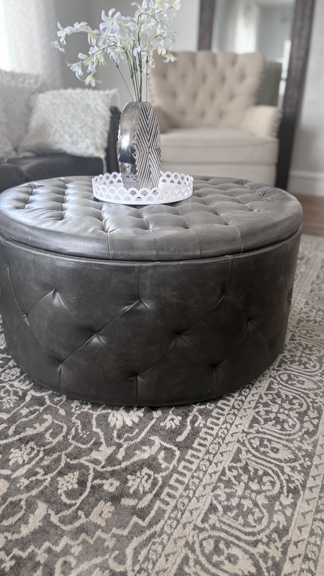 Gray Leather Ottoman