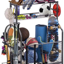 Garage Sports Equipment Storage Organizer with Baskets and Hooks - Easy to Assemble - Sports Ball Gear Rack Holds Basketballs, Baseball Bats, Football