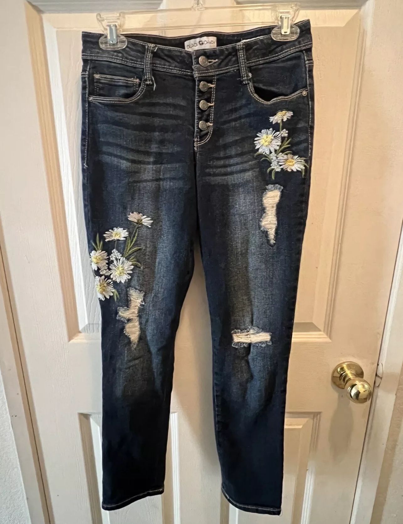 Black Daisy Distressed Floral Embroidered Jamie Relaxed Skinny Jeans Size 5/27
