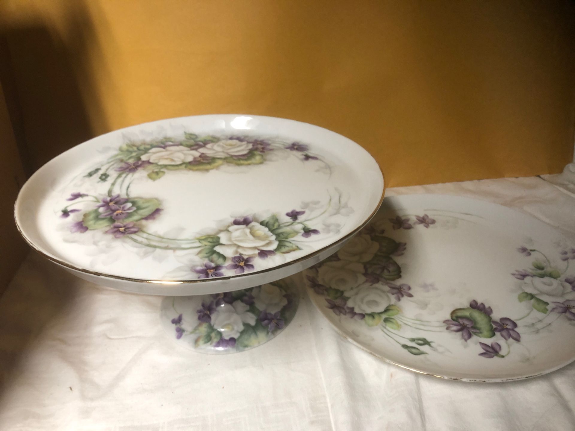 Lovely antique handpainted cake plate\server with matching plate