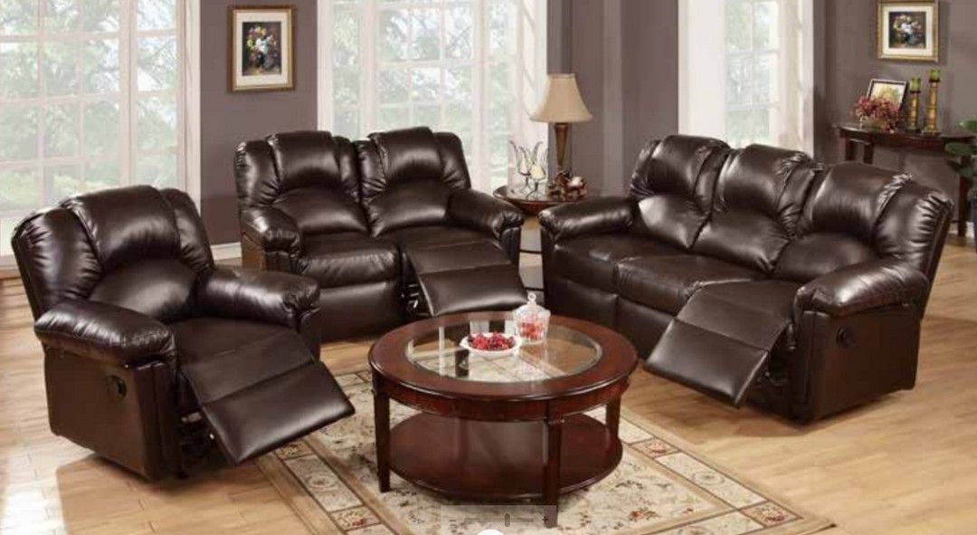 Brand New Espresso Leather 3pc Motion Reclining Sofa Set