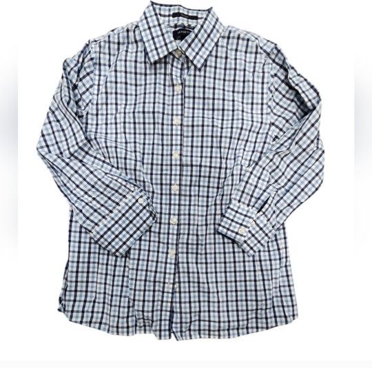Vintage Lands End Size 8 Blue Plaid No Iron Button Down Shirt