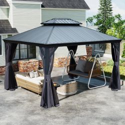 12'x16' Hardtop Gazebo with Resin Roof, Outdoor Metal Gazebo with Drainage Gutters, Permanent Heavy Duty Pavilion for Patio, Backyard and Deck, Curtai