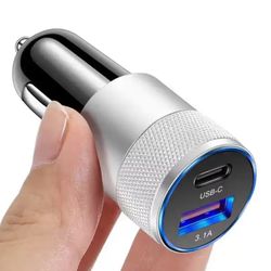 Compact universal car charger with dual USB and Power Delivery ports, offering fast charging and safety protections. 