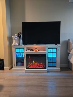 White Electric Fireplace TV Stand with LED Lights