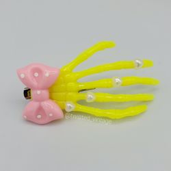 Pastel Goth Skeleton Hand Hair Clip Pink Yellow Bow Hearts Gothic Lolita