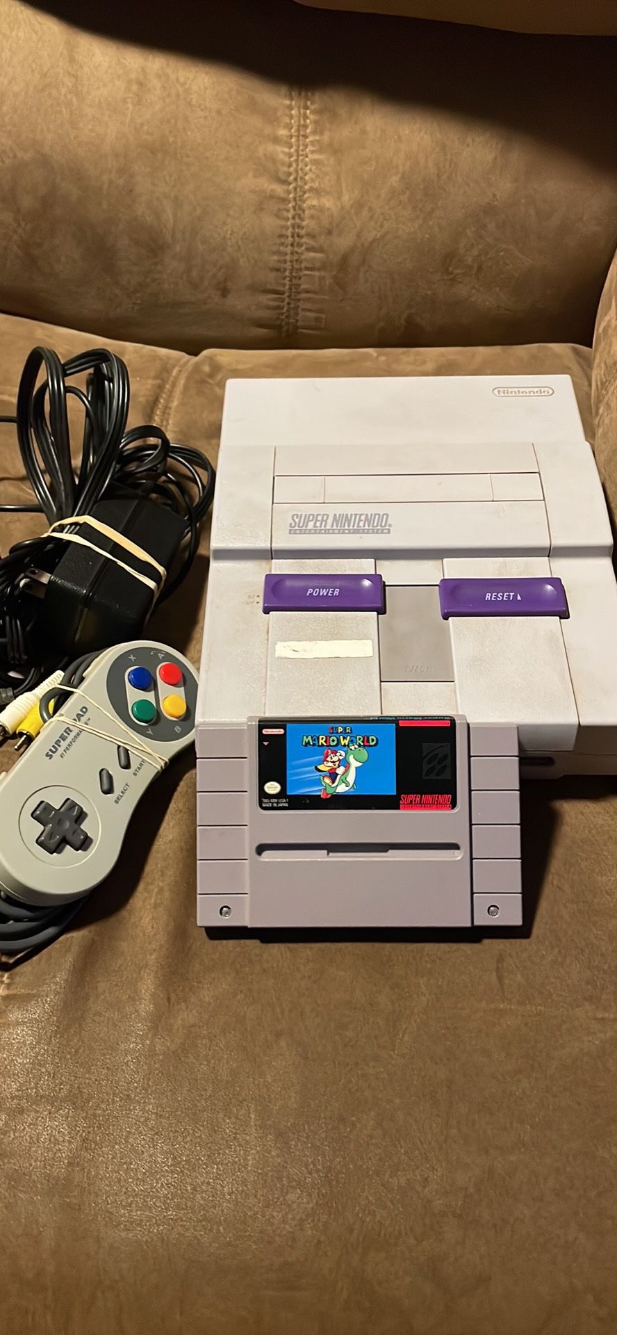 Super Nintendo With Super Mario World Cords And Controller 