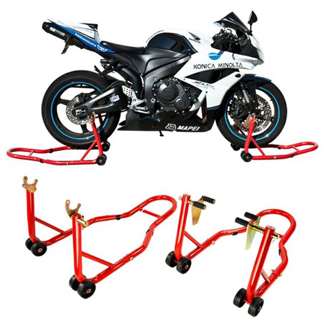 Photo New in box black or red color front and spool lift rear motorcycle sports bike repair maintenance jack stand rack